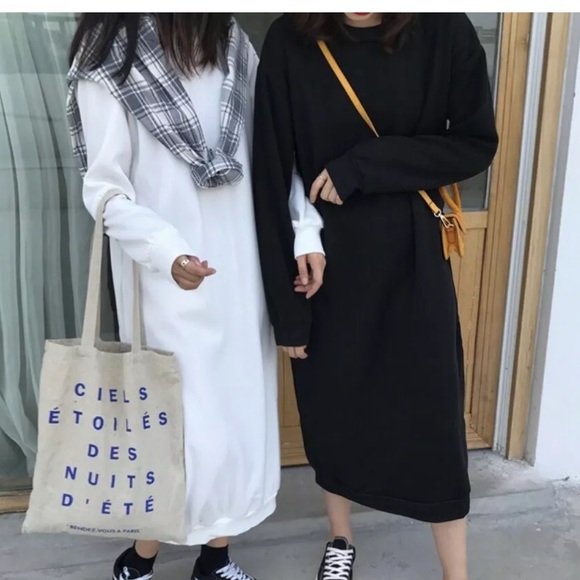Sweater dress cotton sweatshirt white minimalist pullover Korean Fashion Womens - Picture 2 of 6